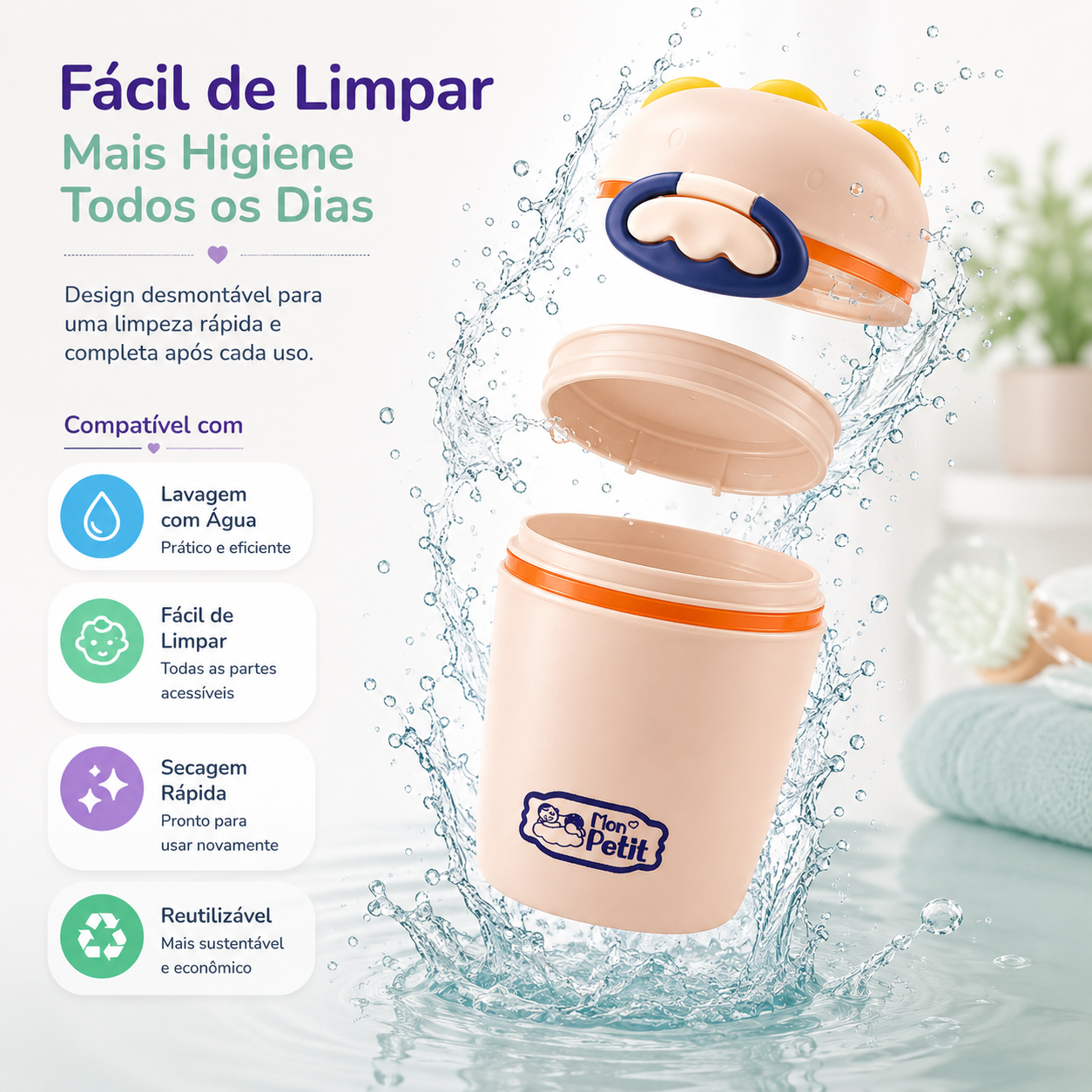 Demonstração do design desmontável e lavável da caixa de leite em pó, realçando a facilidade de limpeza e higiene diária.
