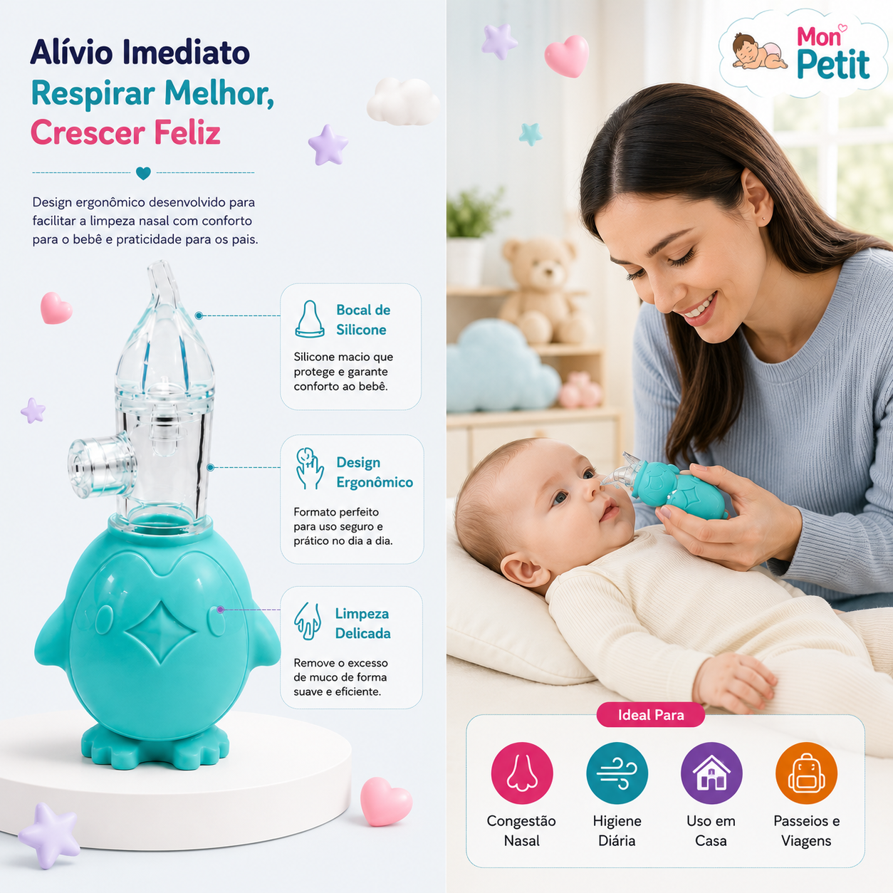 Mãe a utilizar o aspirador nasal em forma de pinguim para limpar o nariz do seu bebé deitado, ilustrando o alívio da congestão nasal no dia a dia ou em viagens.