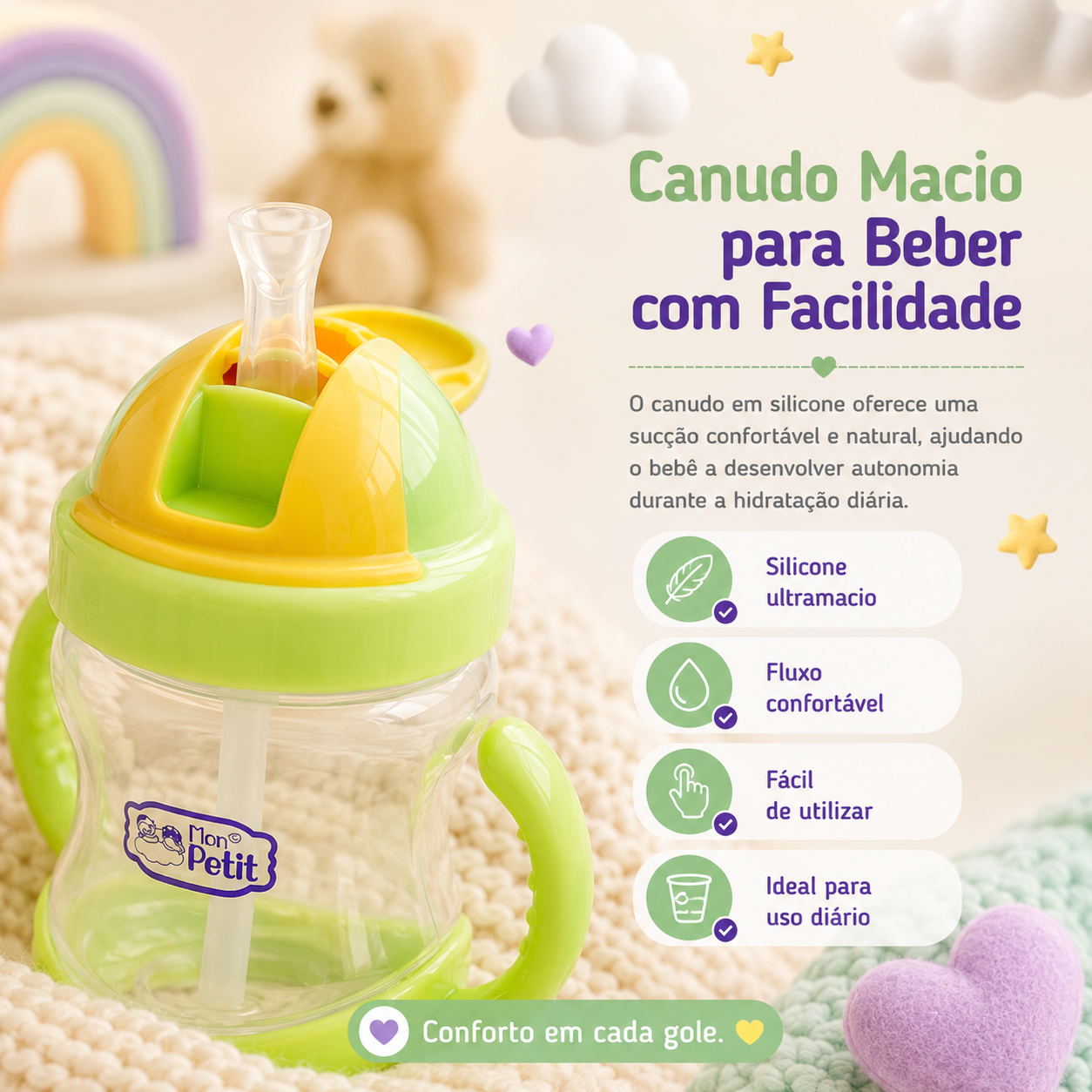 Grande plano de um copo de treino infantil verde展示 a palhinha de silicone ultramacio erguida, desenhada para um fluxo confortável e seguro durante a hidratação diária.