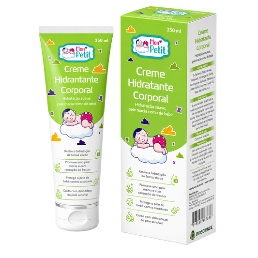 Tubo e caixa do Mon Petit Creme Hidratante Corporal de 250ml para bebé, destacando a textura suave e os ingredientes naturais sobre um fundo preto.