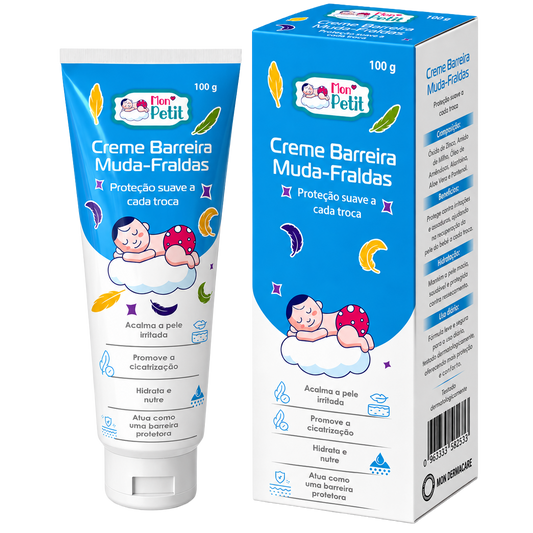 Tubo e caixa do Mon Petit Creme Barreira Muda-Fraldas de 100g para recém-nascidos, realçando a proteção suave sobre um fundo preto.