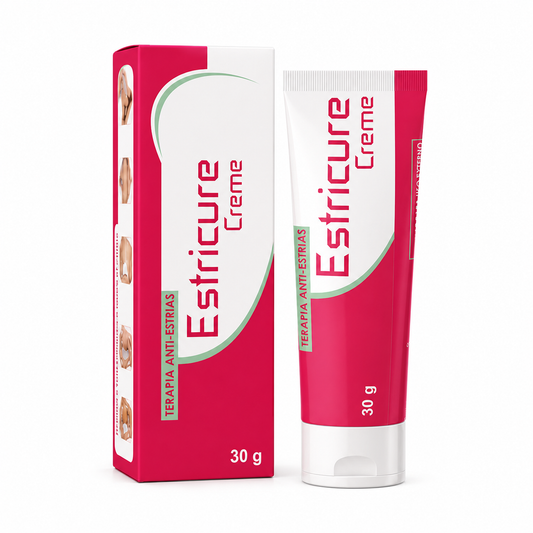 Estricure Creme anti-estrias 30 g com tubo e embalagem em fundo branco.