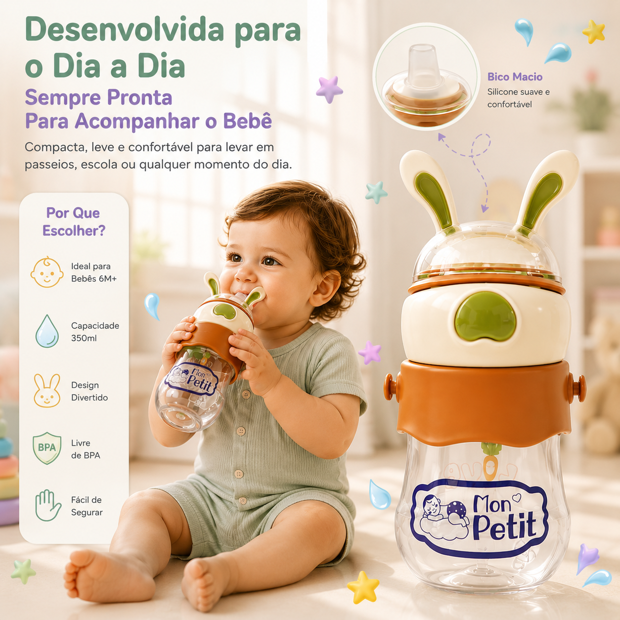 Bebé ao lado da garrafa infantil de coelho Mon Petit de 350ml, com lista explicativa de vantagens como o design divertido e facilidade de transporte.