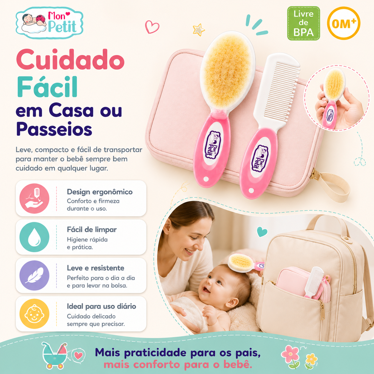 Infográfico demonstrando a versatilidade do kit Mon Petit para casa ou passeios, exibindo o produto ao lado de uma bolsa necessaire rosa e guardado no bolso de uma mochila de maternidade.