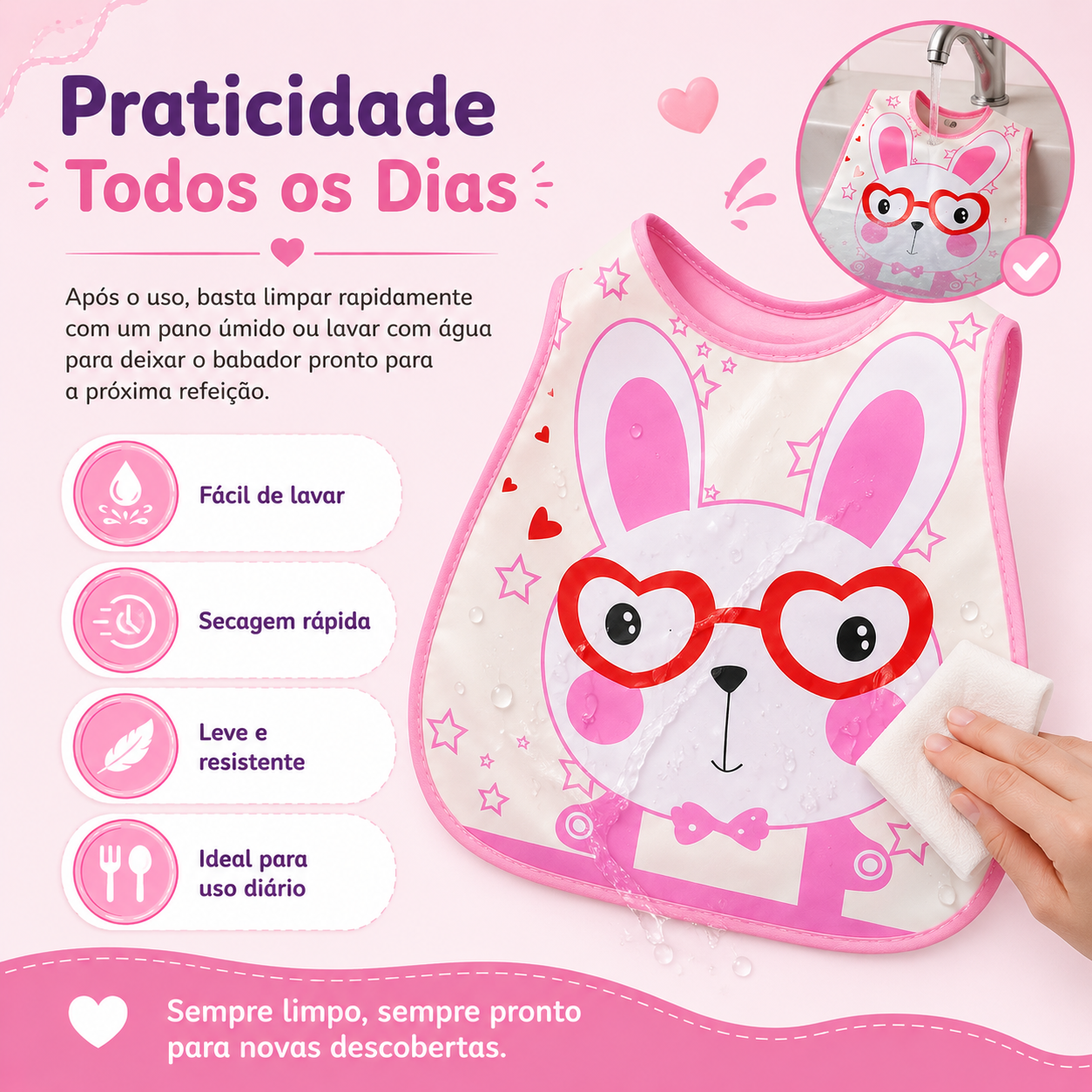 Demonstração de limpeza prática de um babador de bebé com um pano húmido para secagem rápida.