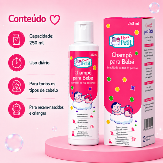 Mon Petit Champô para Bebé 250 ml para uso diário, todos os tipos de cabelo, recém-nascidos e crianças