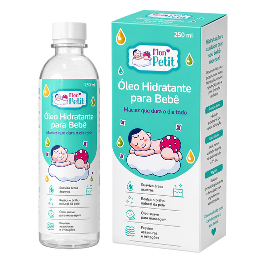 Frasco transparente e caixa do Mon Petit Óleo Hidratante para Bebé de 250ml, destacando a textura leve e a promessa de maciez sobre um fundo preto.
