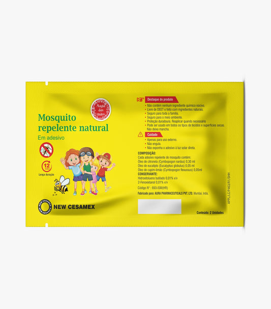 Repelente natural de mosquitos Magia das Mães com caixa de 10 adesivos e saqueta individual.