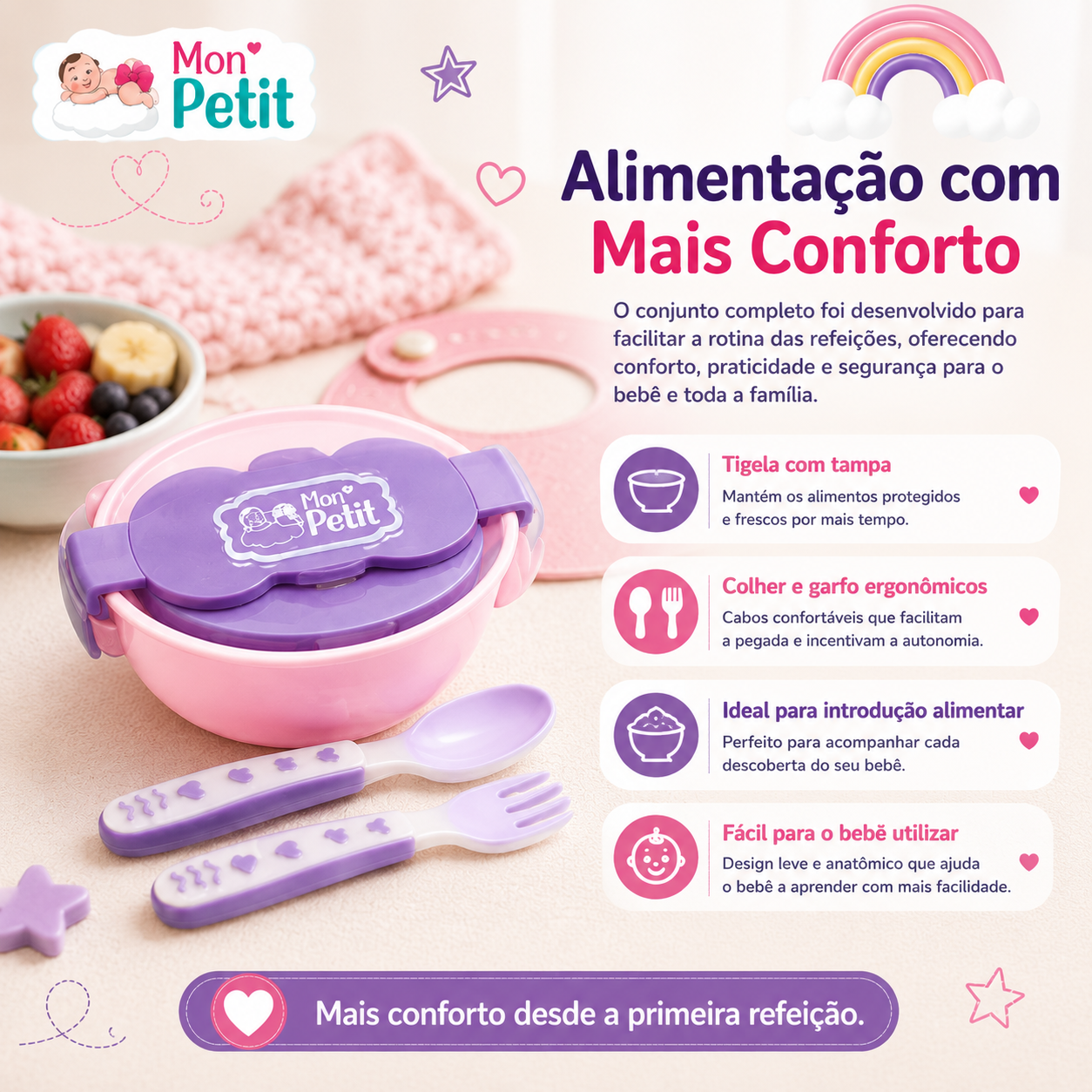 Conjunto completo de loiça infantil com tigela hermética e talheres em tons lilás para ajudar o bebé a aprender a comer sozinho, exposto ao lado de uma taça com frutas.
