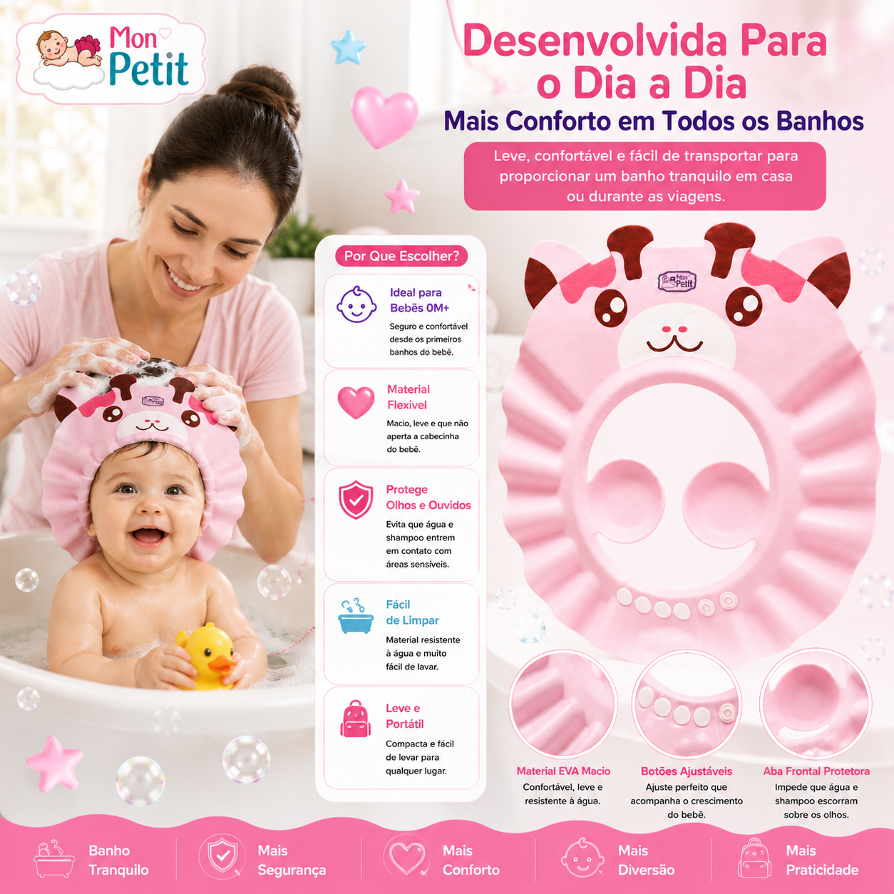 Painel promocional mostrando um recém-nascido a brincar no banho com o protetor de olhos e ouvidos Mon Petit, realçando o design leve e portátil ideal para viagens.