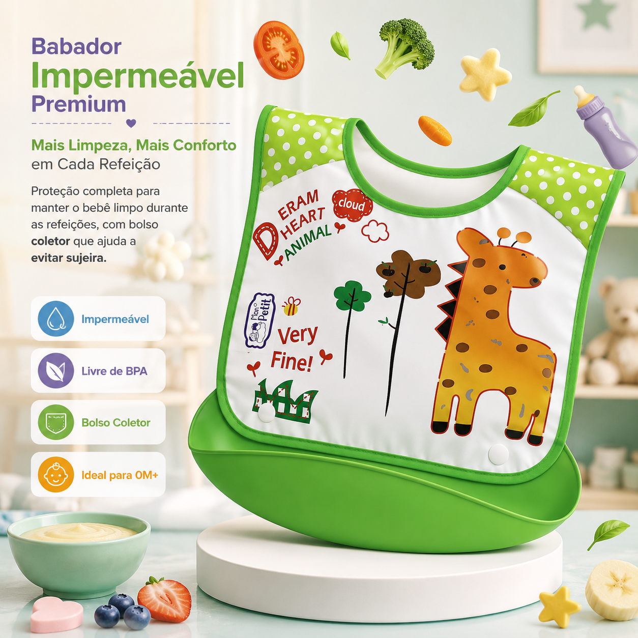 Infografia com os principais atributos de um babador impermeável, destacando a segurança alimentar e a proteção.