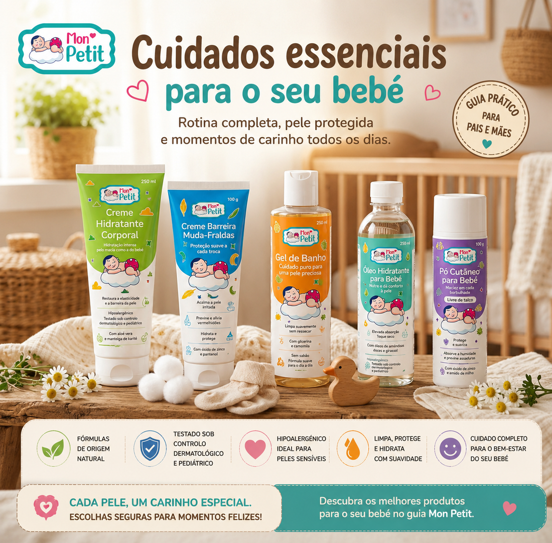 Linha de produtos de cuidados para bebé Mon Petit em uma mesa de madeira, incluindo creme hidratante, creme de fraldas, gel de banho, óleo e pó cutâneo