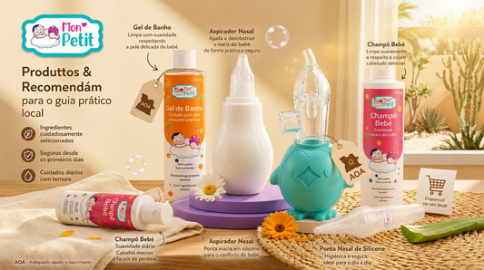 Kit de cuidados essenciais para o bebé da Mon Petit com champô suave e aspirador nasal seguro desde o nascimento
