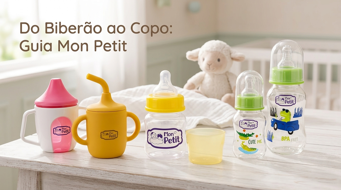 Biberões infantis e copos de transição em silicone da marca Mon Petit para a fase de introdução alimentar e autonomia do bebé