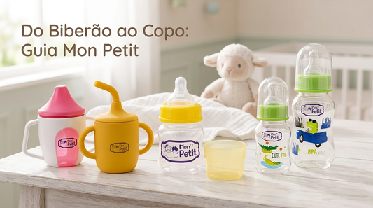Biberões infantis e copos de transição em silicone da marca Mon Petit para a fase de introdução alimentar e autonomia do bebé