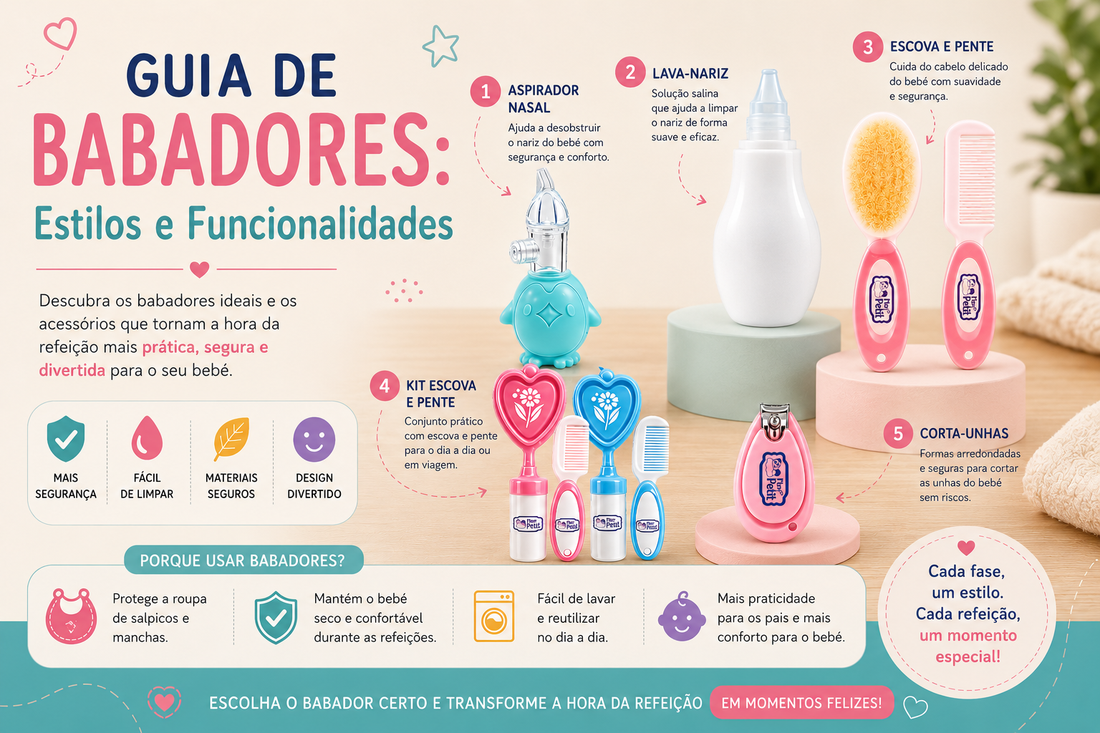 Kit de higiene para bebé da marca Mon Petit com aspirador nasal, corta-unhas e escova de cabelo, ideal para ilustrar os acessórios essenciais sobre o que deve ter em casa.