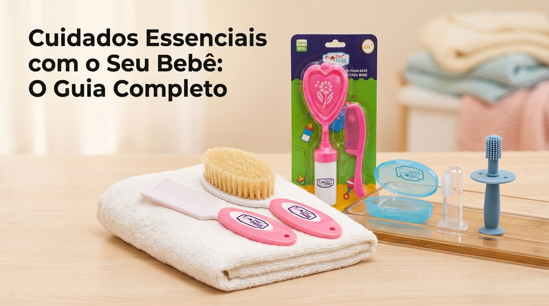 Acessórios de higiene infantil Mon Petit em uma mesa, destacando modelos da primeira escova de dentes do bebé em silicone para ilustrar quando começar a escovação.