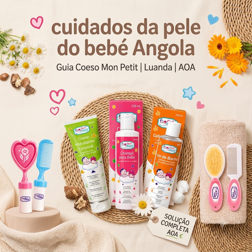 Linha de cuidados da pele da Mon Petit com champô para bebé, gel de banho e creme hidratante, servindo como um guia prático para a rotina de banho do bebé com produtos essenciais para pele sensível em Angola.
