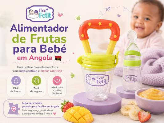 Alimentador de frutas para bebé Mon Petit em Angola com colher dosadora, puré de fruta e acessórios para introdução alimentar.