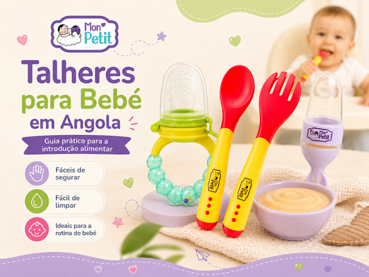 Talheres para bebé Mon Petit em Angola com colher, garfo, alimentador de frutas e dispensador para introdução alimentar.