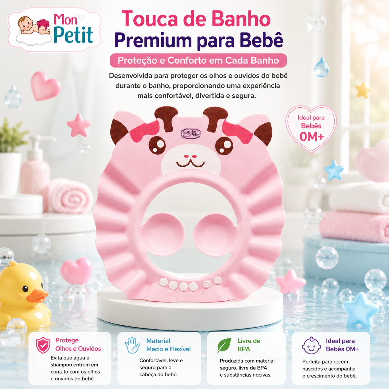 Infografia da touca de banho infantil Mon Petit para bebés a partir dos 0M+, destacando o material livre de BPA, flexível e a proteção para os olhos e ouvidos.