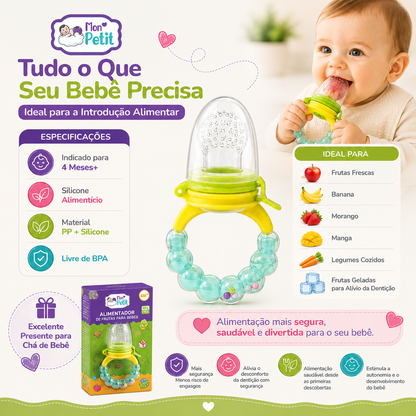 Painel publicitário detalhando os alimentos ideais para usar no alimentador Mon Petit, como banana, morango, manga e legumes cozidos, sugerindo o produto como uma excelente ideia de presente para chá de bebé.