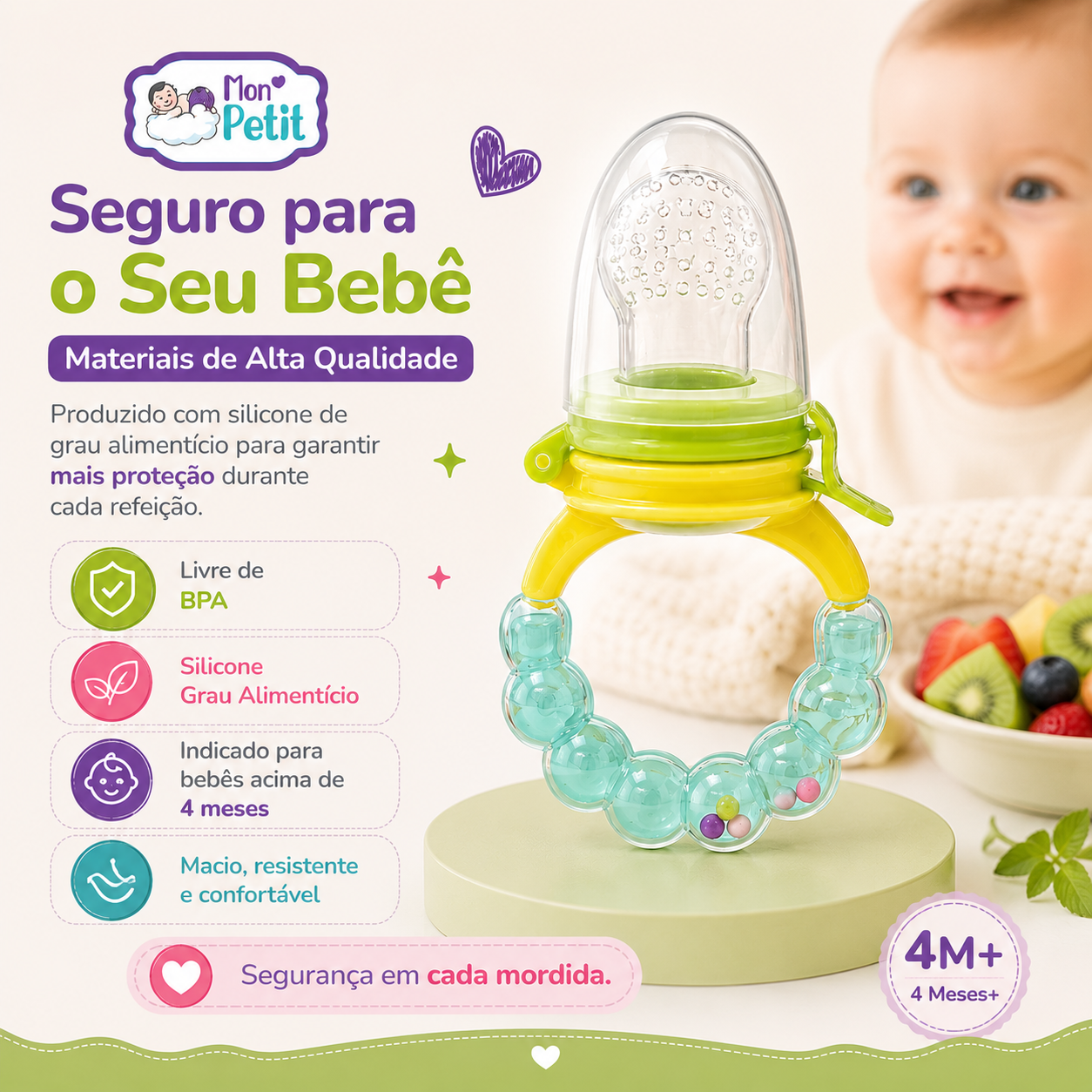 Infográfico de segurança do produto Mon Petit focado em materiais de alta qualidade, destacando a composição livre de BPA, bico macio, flexível e indicação para bebés acima de 4 meses.