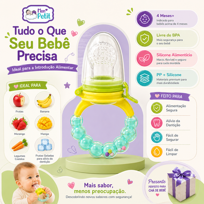 Cartaz informativo do alimentador de frutas e legumes Mon Petit com uma lista de especificações técnicas de durabilidade e usabilidade, exibindo um design feito para o alívio da dentição infantil.