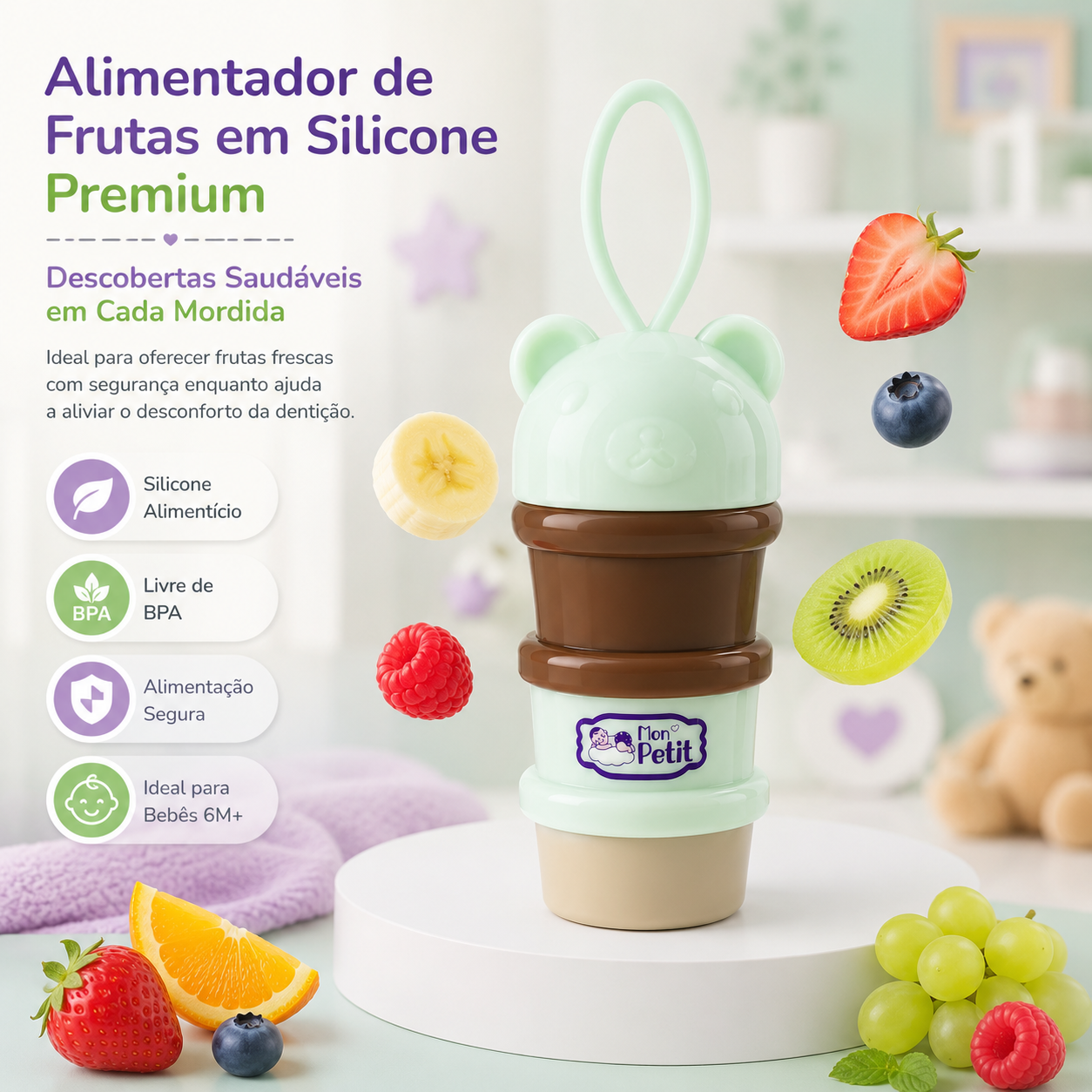 Alimentador de frutas em silicone premium para bebé, rodeado de frutas frescas.