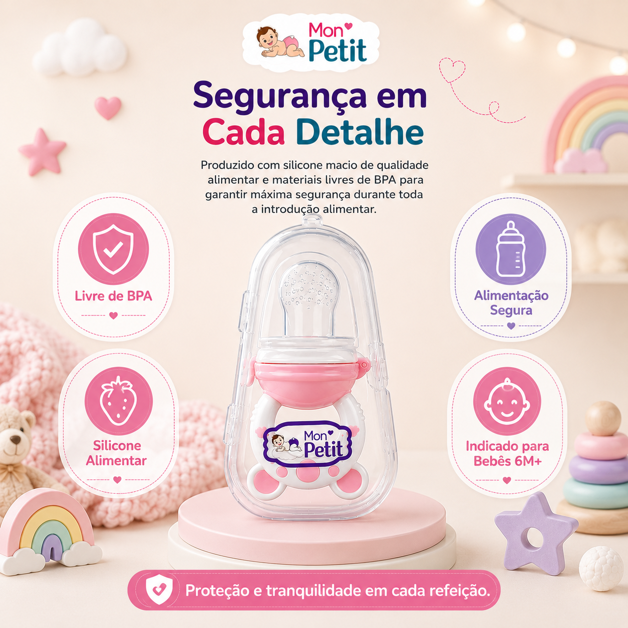 Infografia com detalhes técnicos de segurança do alimentador de silicone infantil Mon Petit, realçando os materiais não tóxicos e livres de BPA para uma alimentação segura.