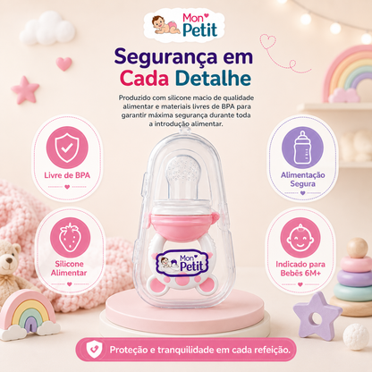 Infografia com detalhes técnicos de segurança do alimentador de silicone infantil Mon Petit, realçando os materiais não tóxicos e livres de BPA para uma alimentação segura.