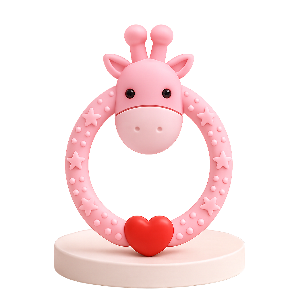 Anel mordedor para bebé em silicone rosa com formato de girafa e um pequeno coração vermelho na base, exibido sobre um suporte circular branco.
