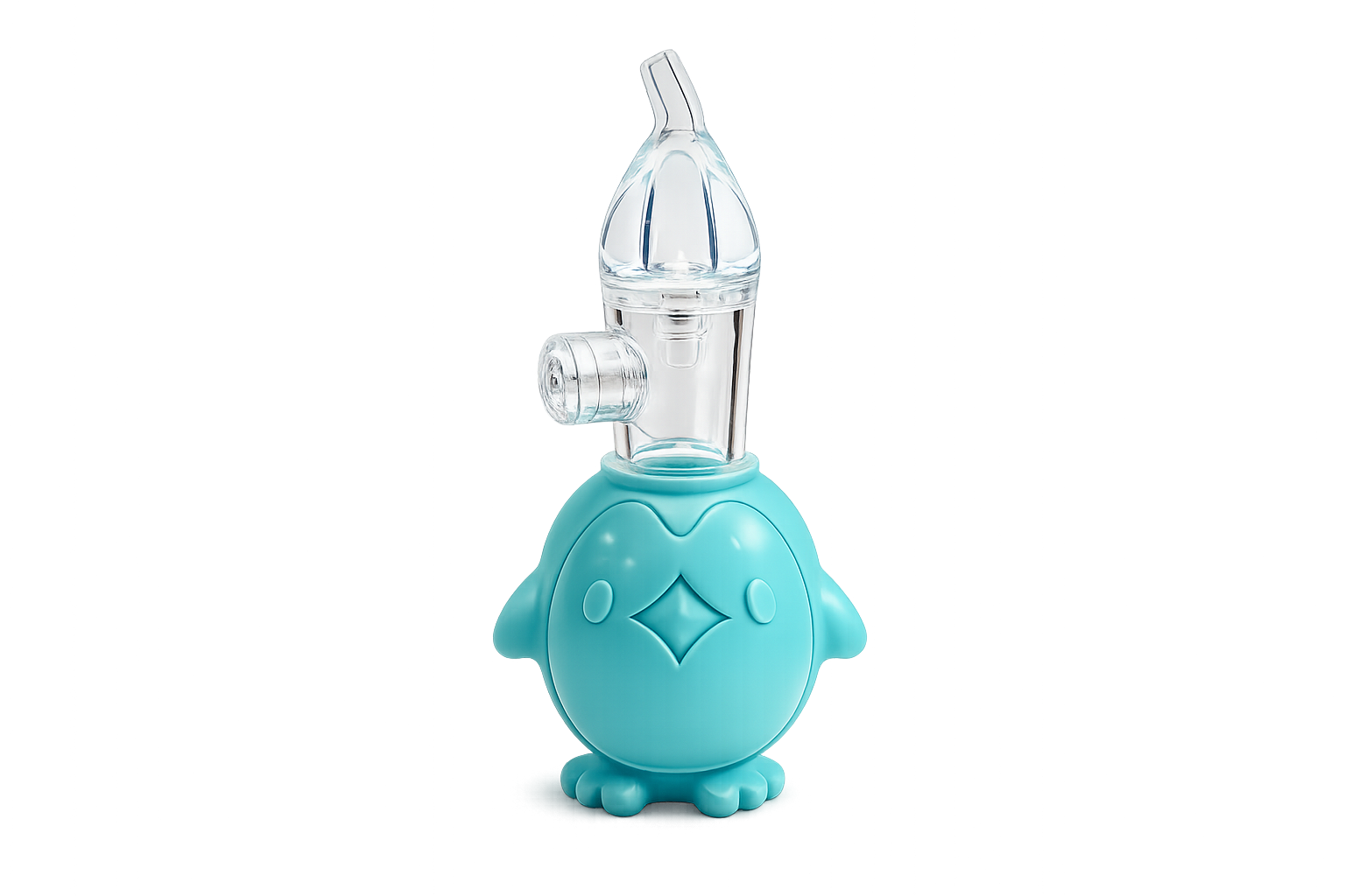 Aspirador nasal manual para bebé com base anatómica azul em forma de pinguim e bocal superior transparente, isolado sobre um fundo branco.