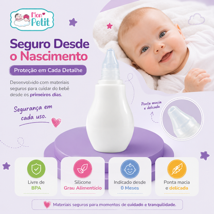 Infográfico focado na segurança do aspirador nasal Mon Petit, com a fotografia de um bebé deitado e a indicação de materiais de grau alimentício livres de BPA e ponta macia e delicada.