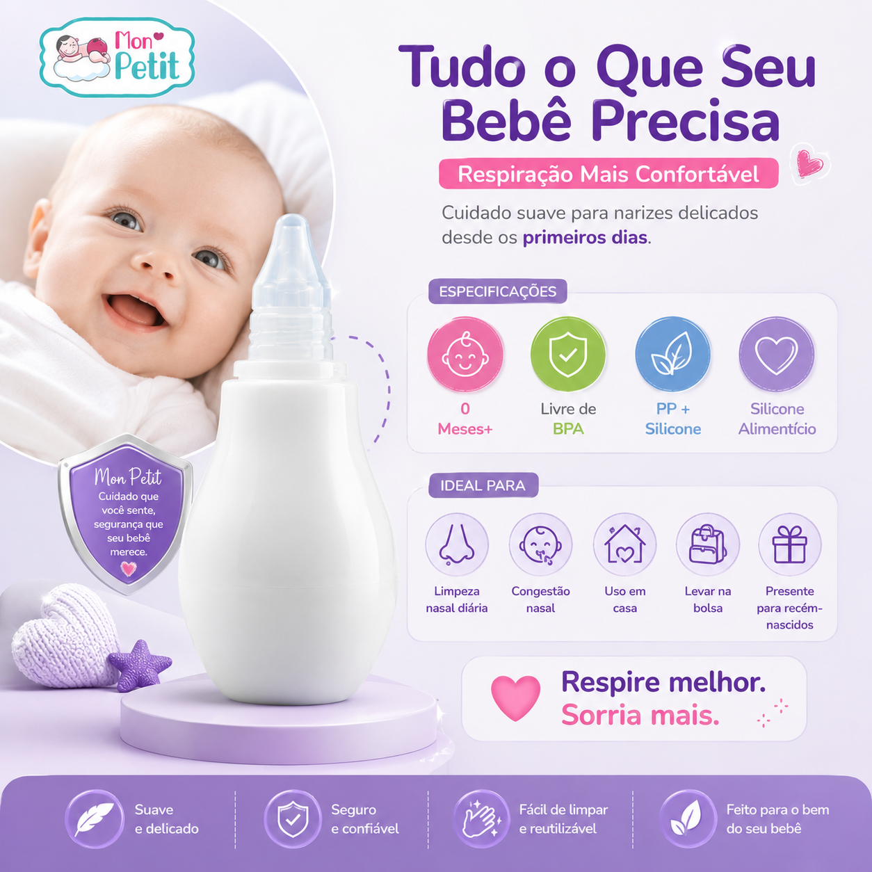 Painel descritivo do aspirador nasal Mon Petit com especificações técnicas e ícones que indicam a sua utilidade para a congestão nasal, uso em casa ou para levar na mala de maternidade.