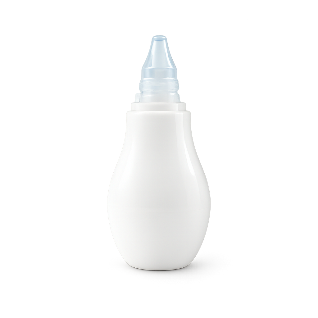 Aspirador nasal para bebé em formato de bomba branca com ponteira cónica de silicone transparente, isolado sobre um fundo branco.