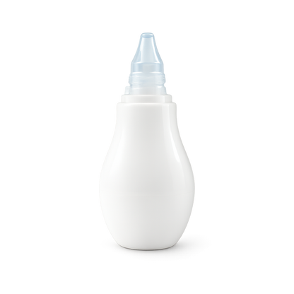 Aspirador nasal para bebé em formato de bomba branca com ponteira cónica de silicone transparente, isolado sobre um fundo branco.