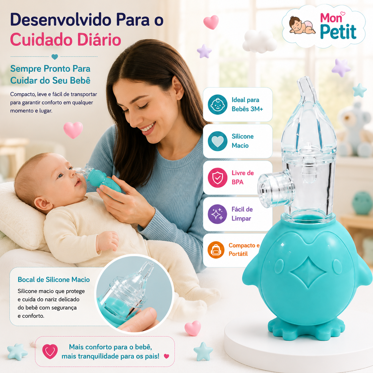 Mãe a cuidar da higiene diária do bebé com o aspirador nasal portátil Mon Petit, evidenciando o design ergonómico e o bocal de silicone que protege o nariz delicado.