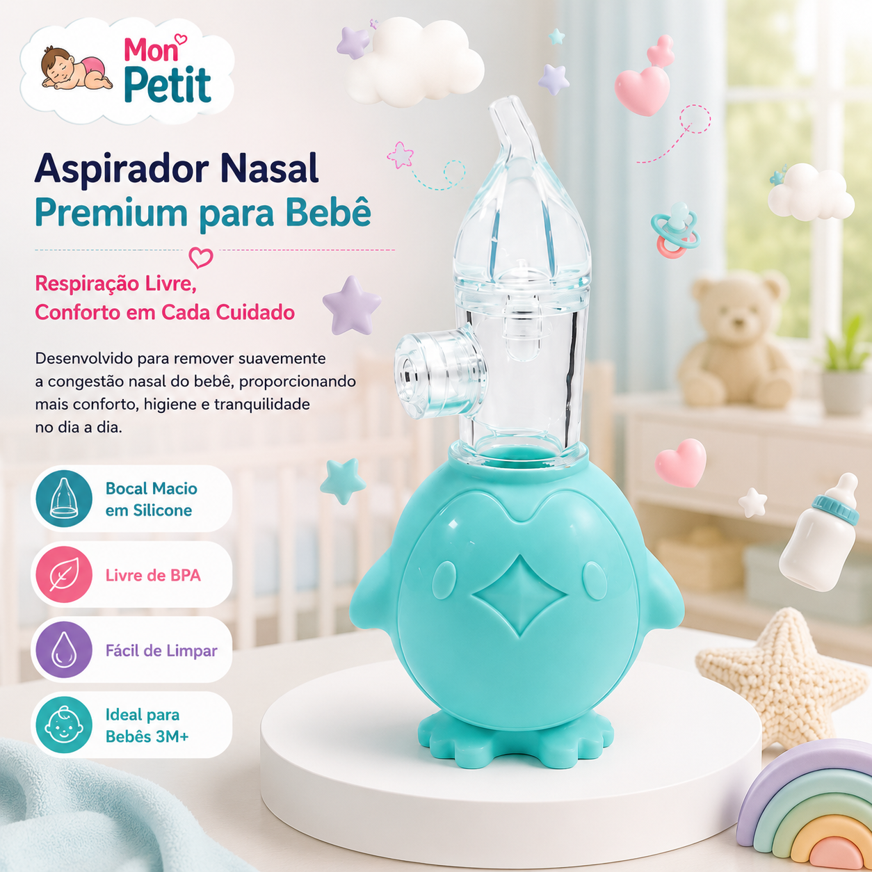 Infografia do aspirador nasal infantil Mon Petit para bebés a partir dos 3 meses, destacando o bocal macio em silicone, a composição livre de BPA e a facilidade de limpeza.
