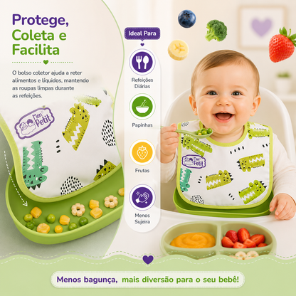 Ilustração do funcionamento do bolso coletor do babador que retém alimentos e líquidos durante a refeição do bebé.