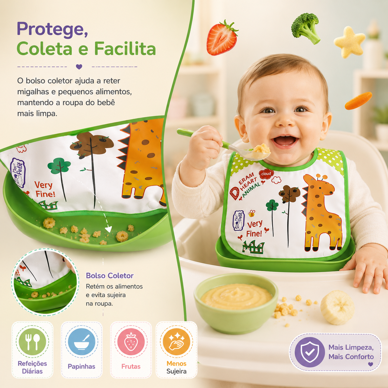 Ilustração do funcionamento do bolso coletor do babador que retém alimentos durante a refeição do bebé.