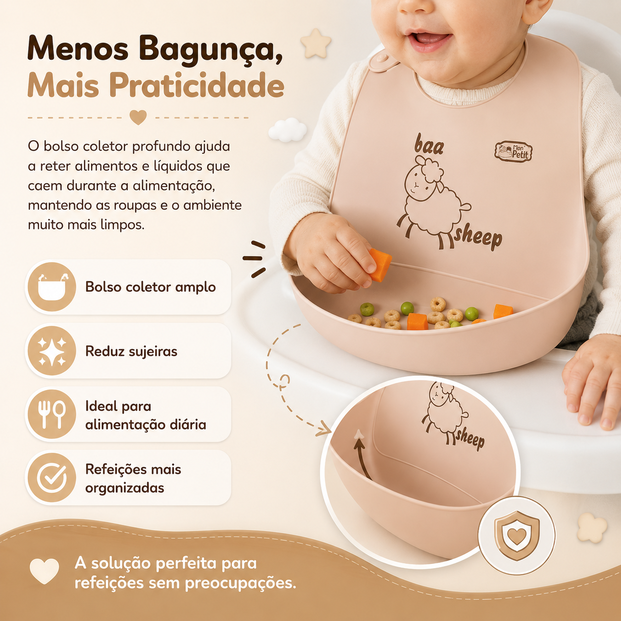 Bebé a utilizar um babador de silicone com bolso coletor para reter alimentos e evitar sujidade durante a refeição.