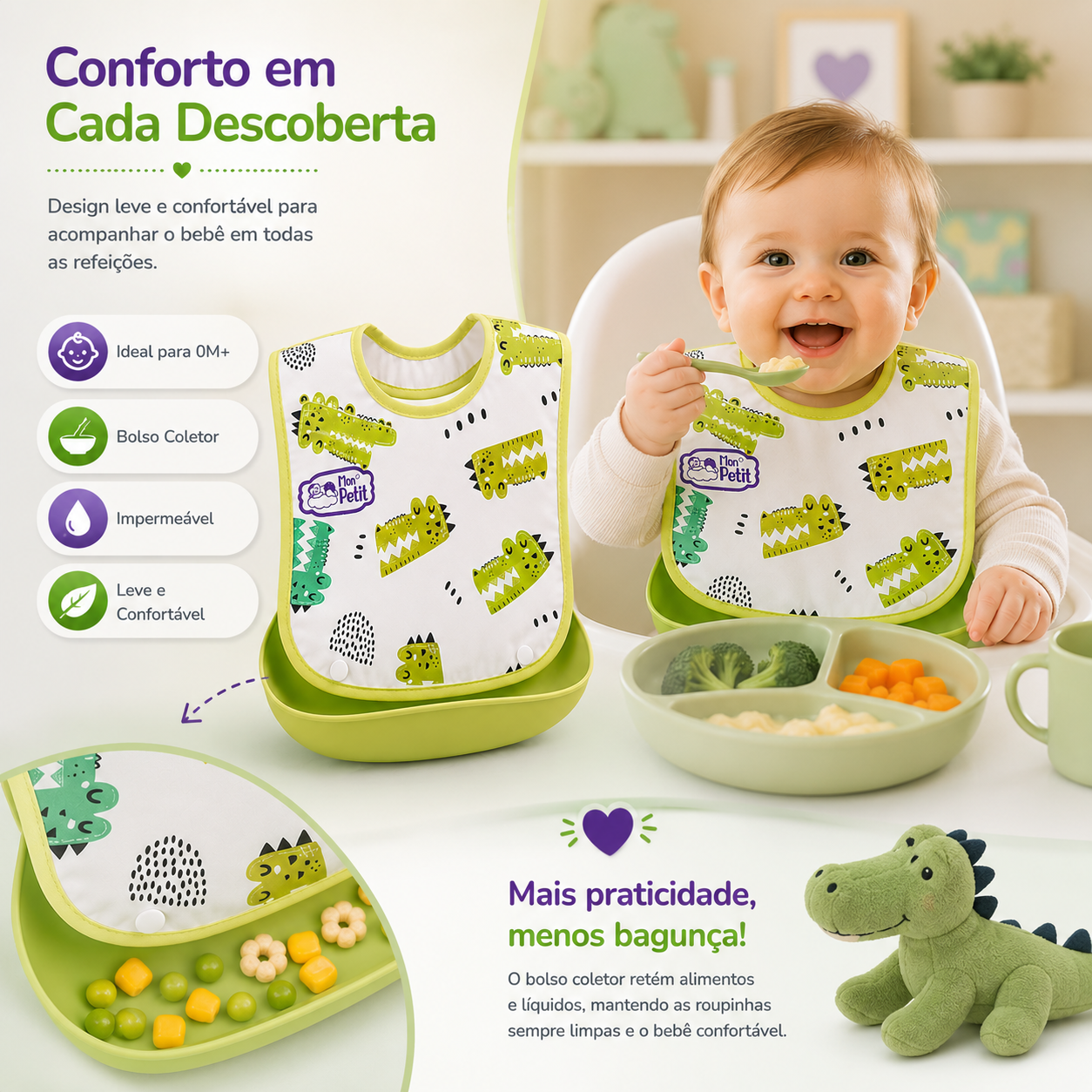 Detalhe do design leve e confortável do babador com bolso coletor, ideal para a rotina diária de alimentação do bebé.