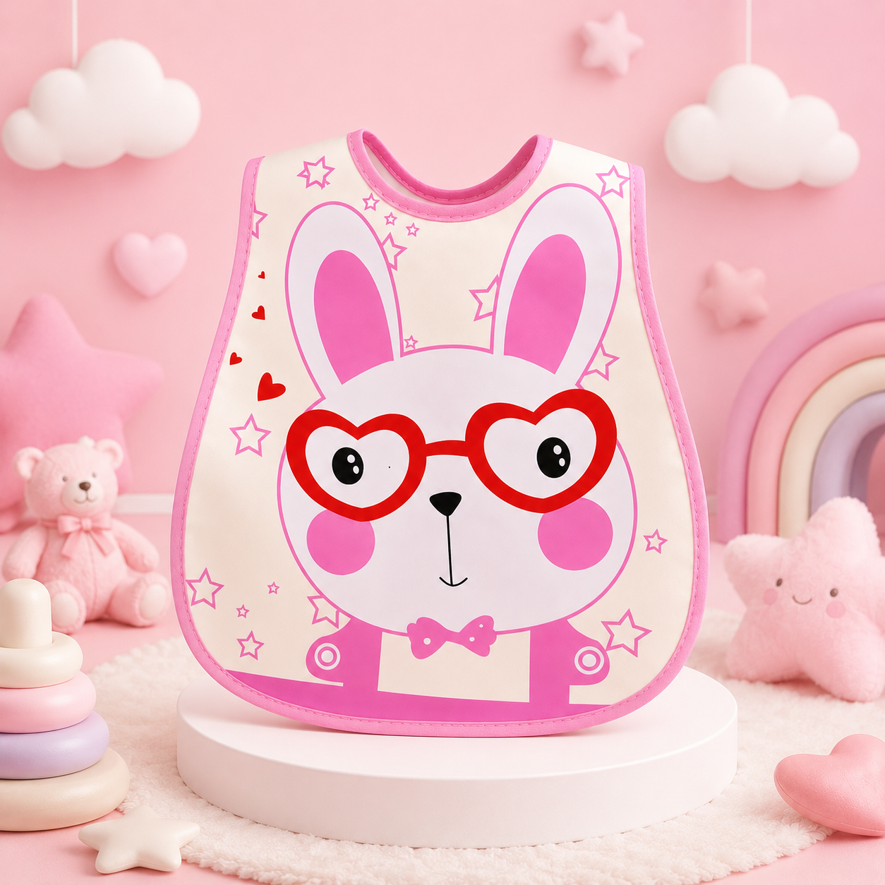 Babador de bebé com estampa de coelho exposto num suporte decorativo num ambiente infantil.