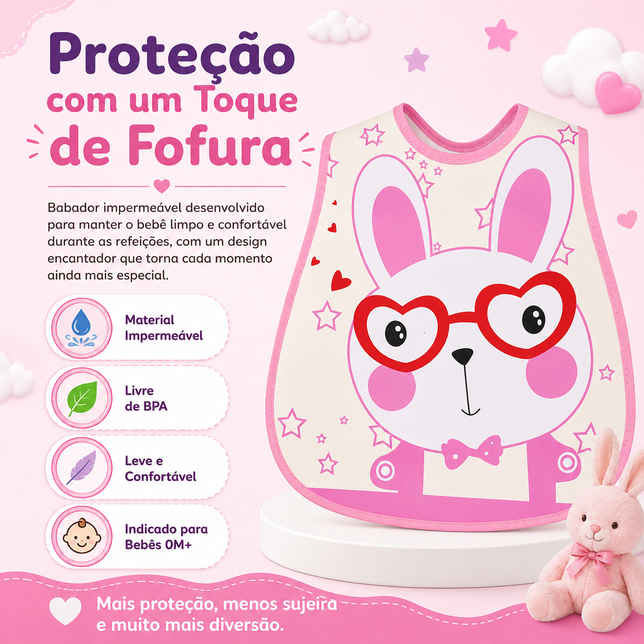 Infografia destacando os benefícios de um babador impermeável, leve e livre de BPA para bebés.
