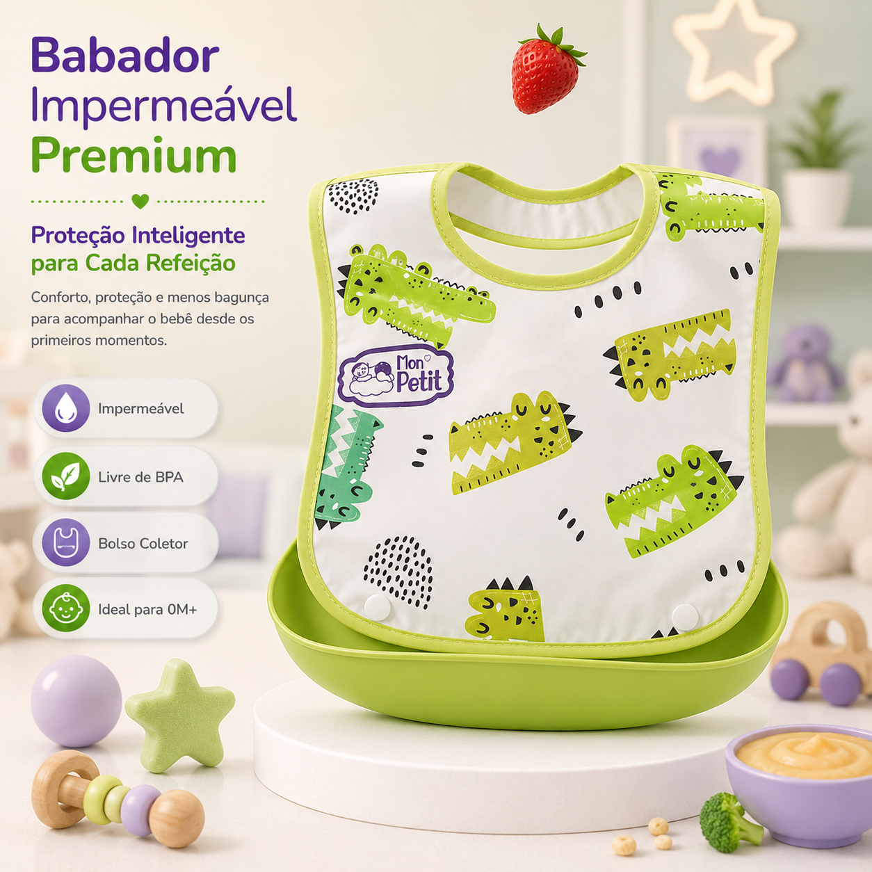 Infografia destacando os benefícios de um babador impermeável, livre de BPA e com bolso coletor para bebés.