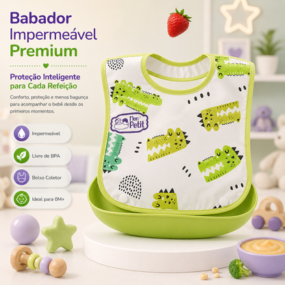 Infografia destacando os benefícios de um babador impermeável, livre de BPA e com bolso coletor para bebés.