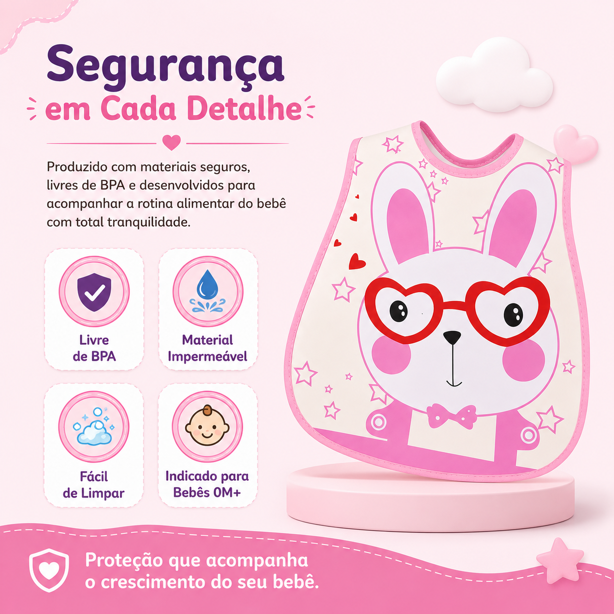 Detalhes de segurança de babador para bebé, realçando o material impermeável e fácil limpeza.