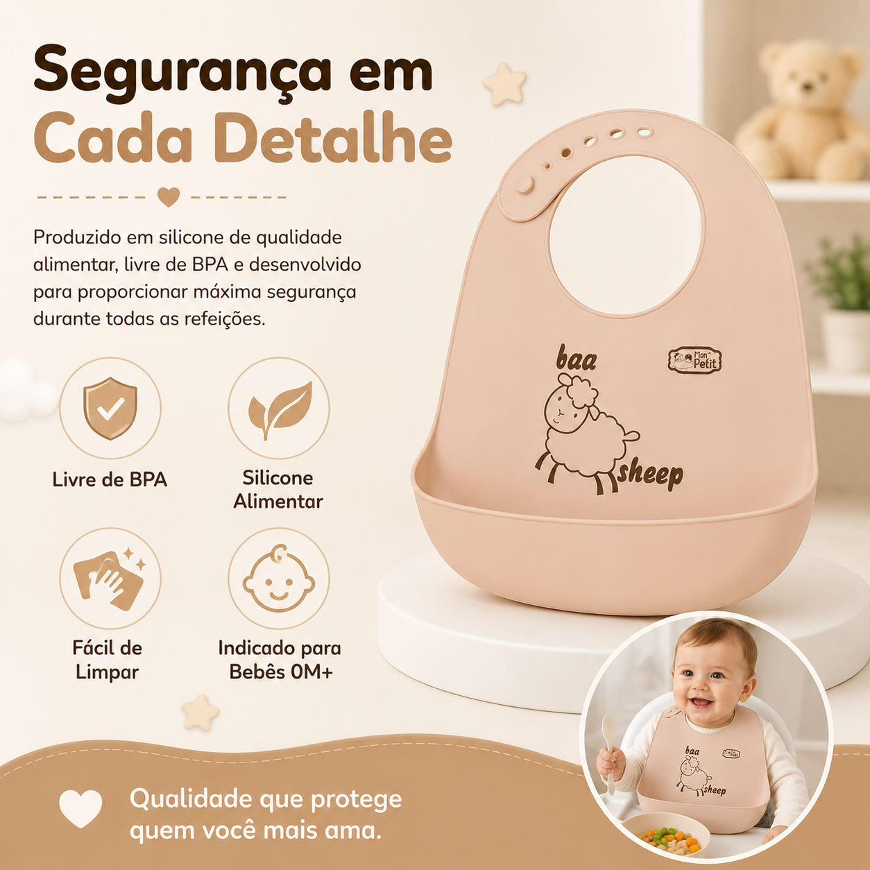 Infografia sobre a segurança e facilidade de limpeza de um babador de silicone para bebés a partir dos 0 meses.