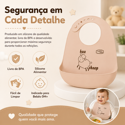 Infografia sobre a segurança e facilidade de limpeza de um babador de silicone para bebés a partir dos 0 meses.